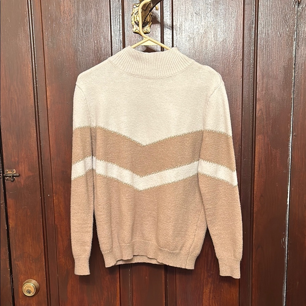 Cream and Tan Cowl Neck Sweater with Chevron Design